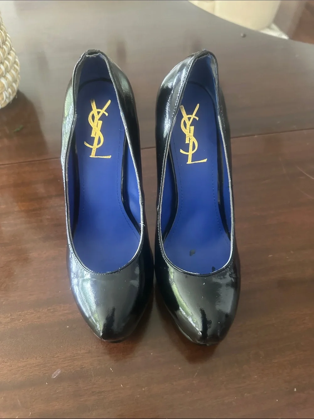 Black Patent Pumps with Blue Insole
